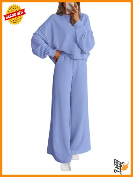 Pants - Women's 2 Piece Sweatsuit Lounge Set Wide Leg Sweatpants Fleece Pullover